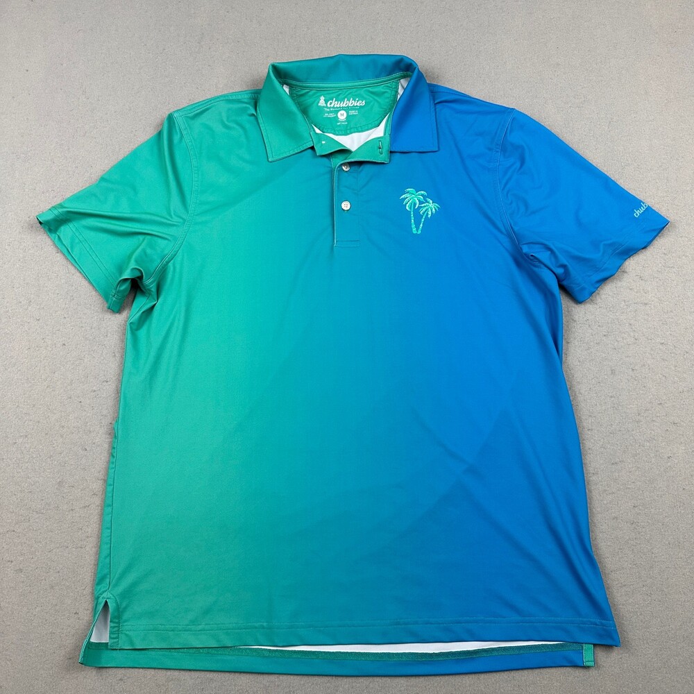 Chubbies Polo Shirt Men Medium Blue Green Gradient Ombre Short Sleeve Palm Tree